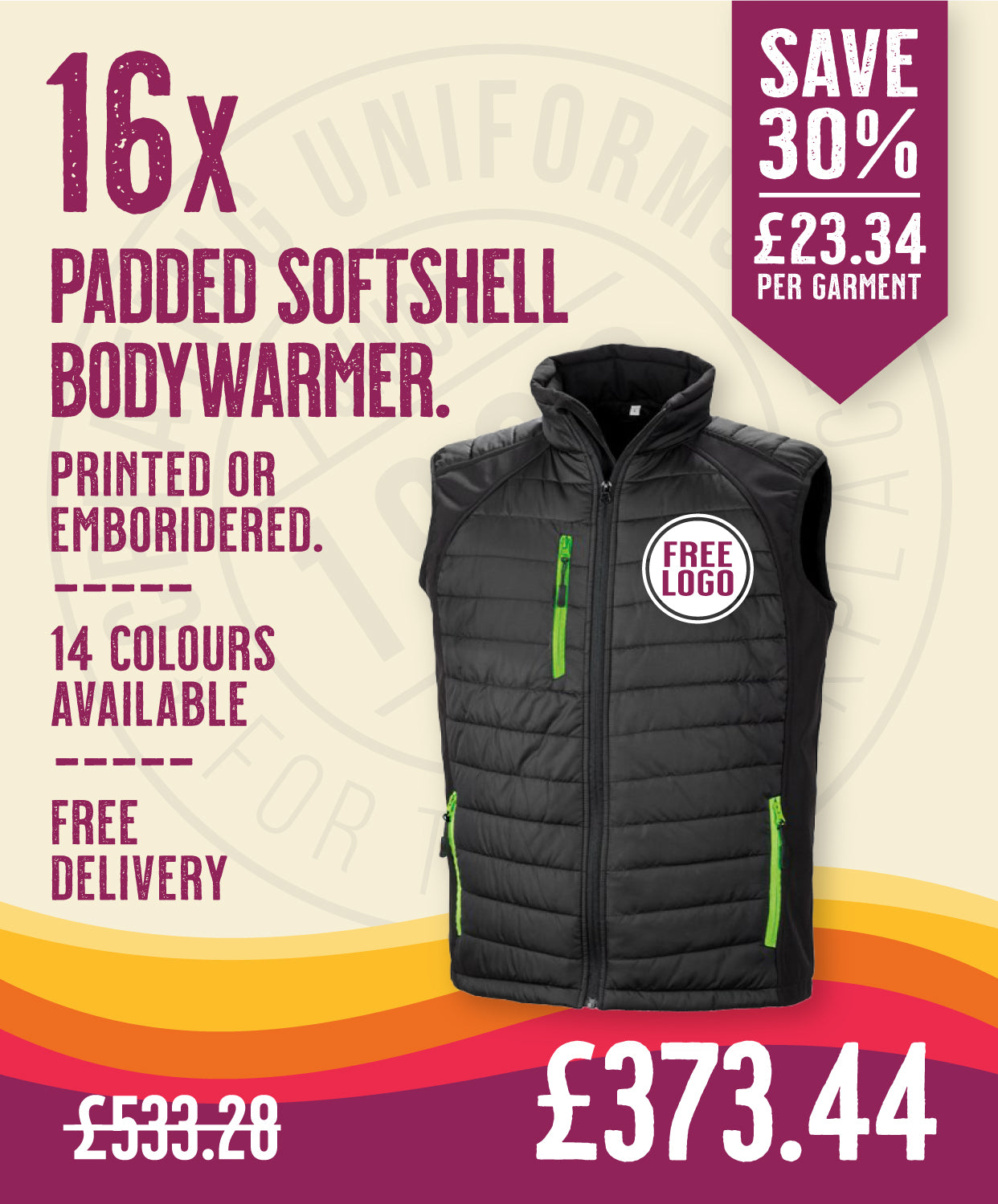 16 x Padded Softshell Bodywarmers in Black Lime by Print Lab Deals — Custom branded clothing by Print Press, featuring premium embroidery produced in our specialist print lab in the UK.