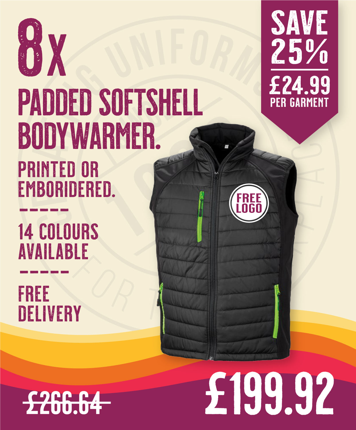 8 x Padded Softshell Bodywarmers in by Print Lab Deals — Custom branded clothing by Print Press, featuring premium embroidery produced in our specialist print lab in the UK.