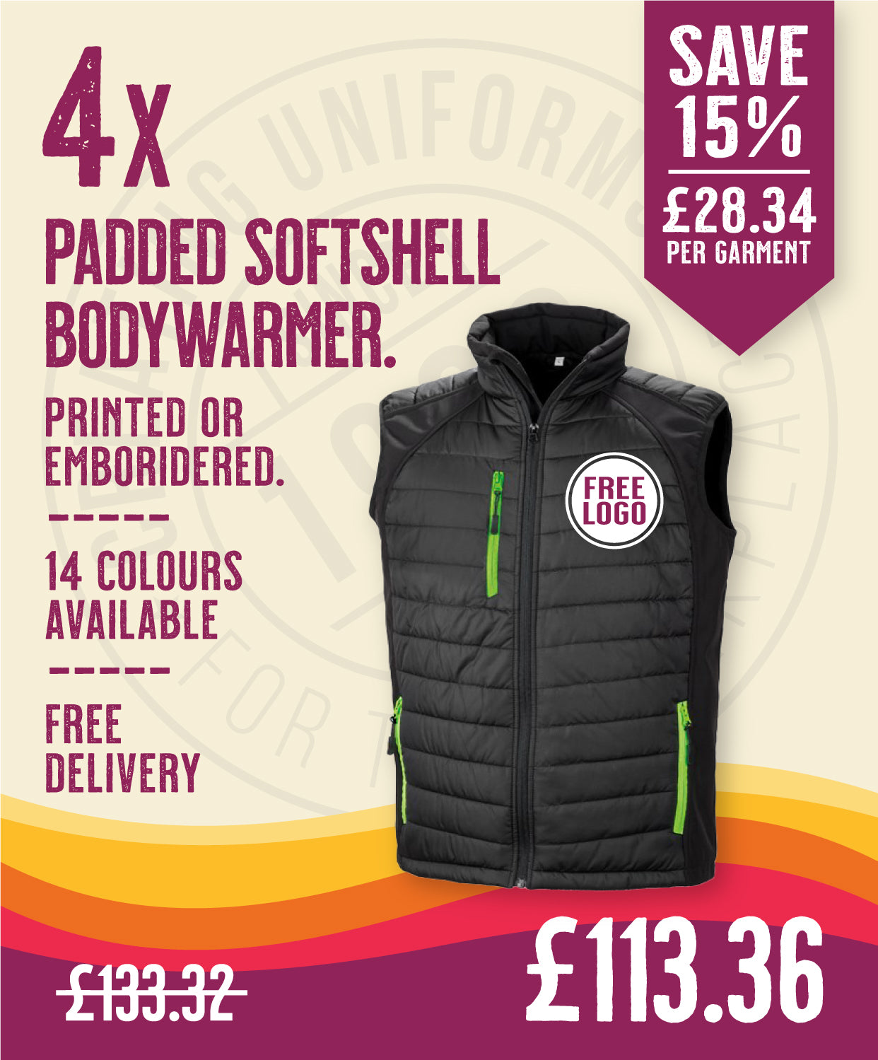 4 x Padded Softshell Bodywarmers in by Print Lab Deals — Custom branded clothing by Print Press, featuring premium embroidery produced in our specialist print lab in the UK.