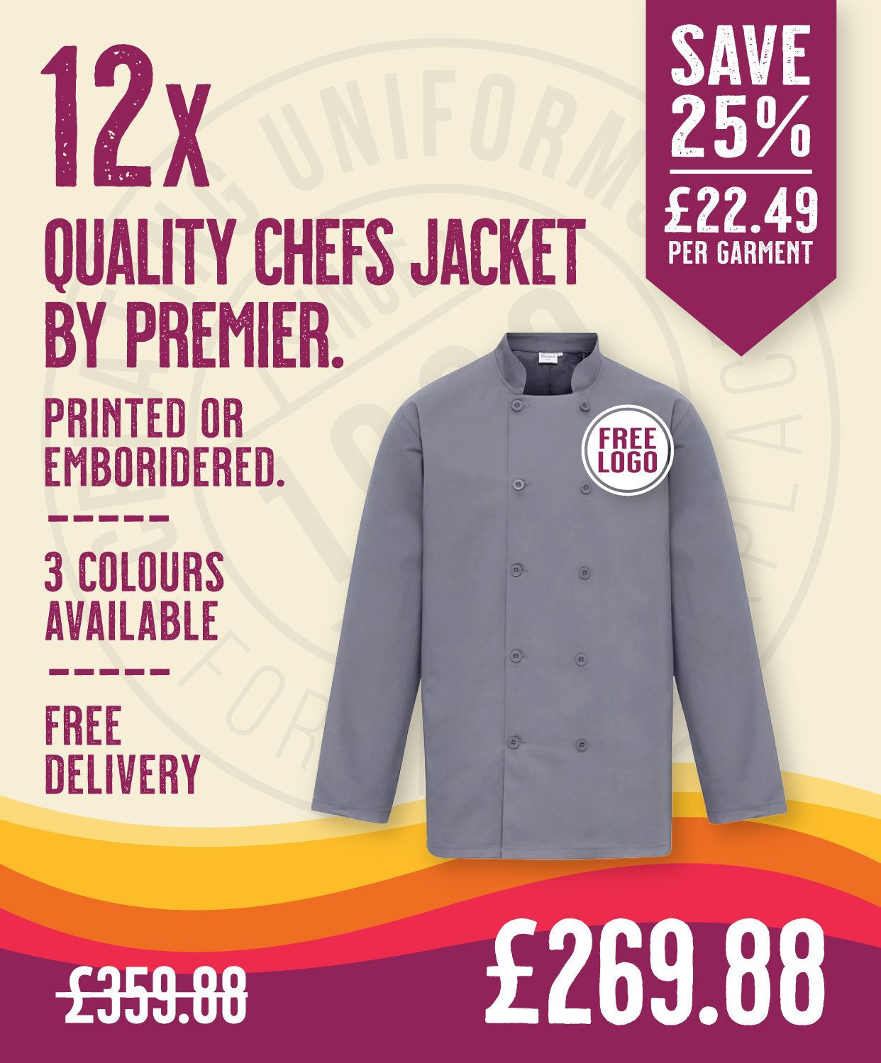 12 x Quality Chef Jackets by Premier in Steel by Print Lab Deals — Custom branded clothing by Print Press, featuring premium embroidery produced in our specialist print lab in the UK.