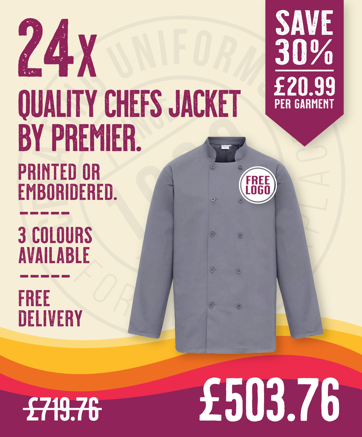 24 x Quality Chef Jackets by Premier in Steel by Print Lab Deals — Custom branded clothing by Print Press, featuring premium embroidery produced in our specialist print lab in the UK.