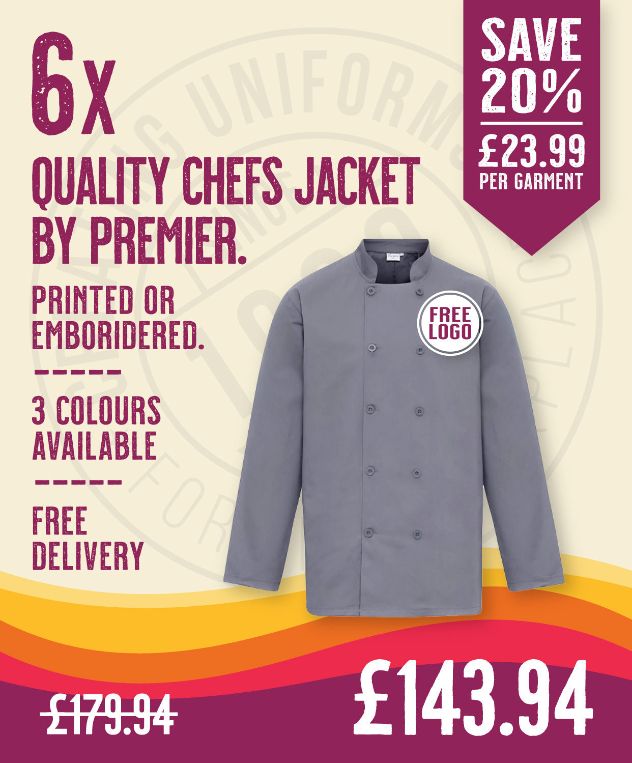 6 x Quality Chef Jackets by Premier in Steel by Print Lab Deals — Custom branded clothing by Print Press, featuring premium embroidery produced in our specialist print lab in the UK.