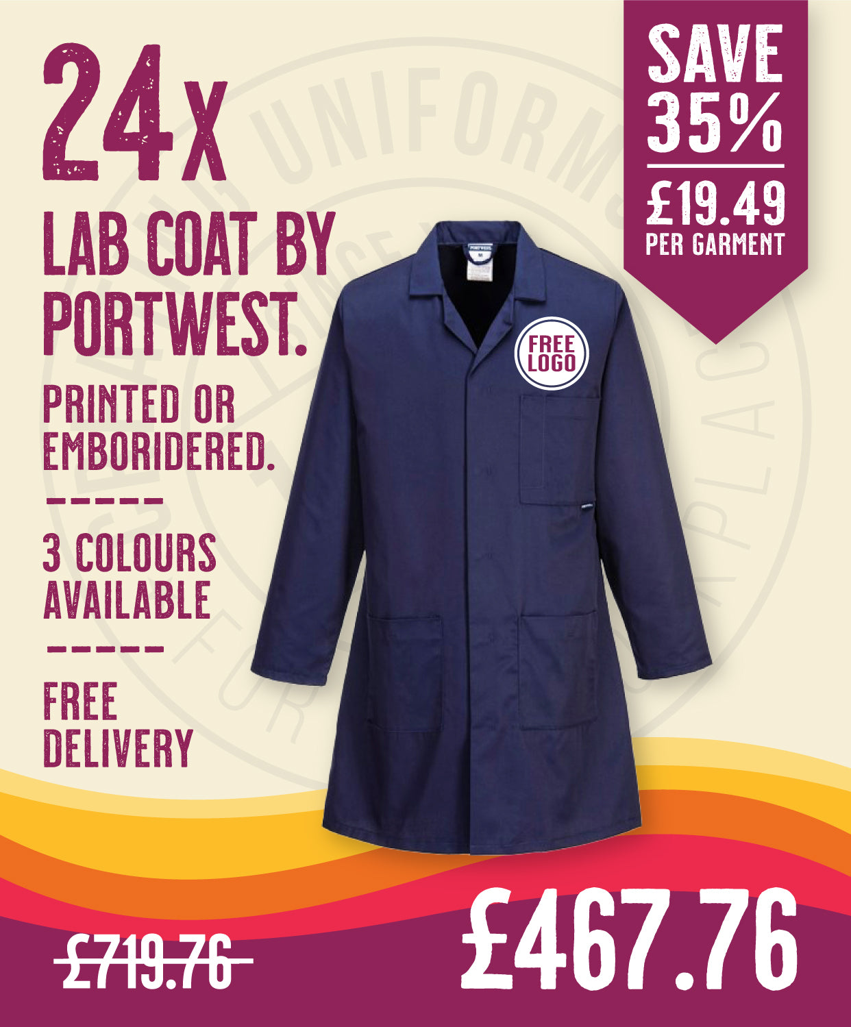 24 x Lab Coats By Portwest in Navy by Print Lab Deals — Custom branded clothing by Print Press, featuring premium embroidery produced in our specialist print lab in the UK.