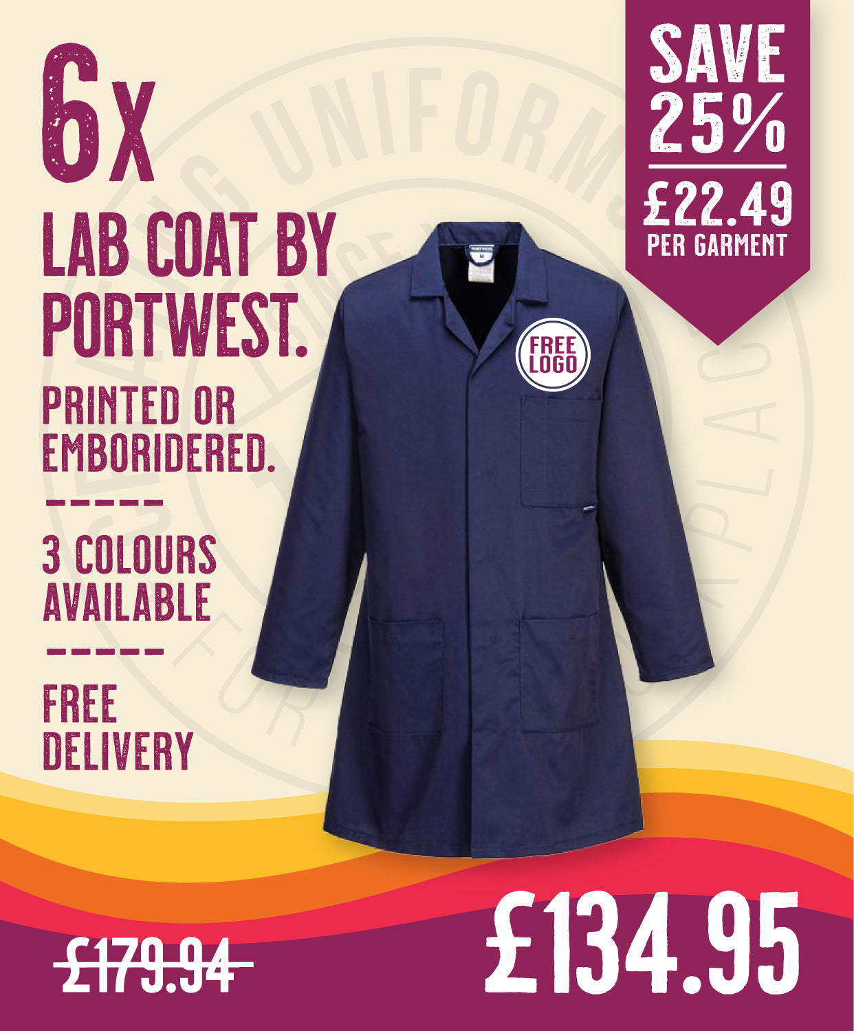 6 x Lab Coats By Portwest in Navy by Print Lab Deals — Custom branded clothing by Print Press, featuring premium embroidery produced in our specialist print lab in the UK.