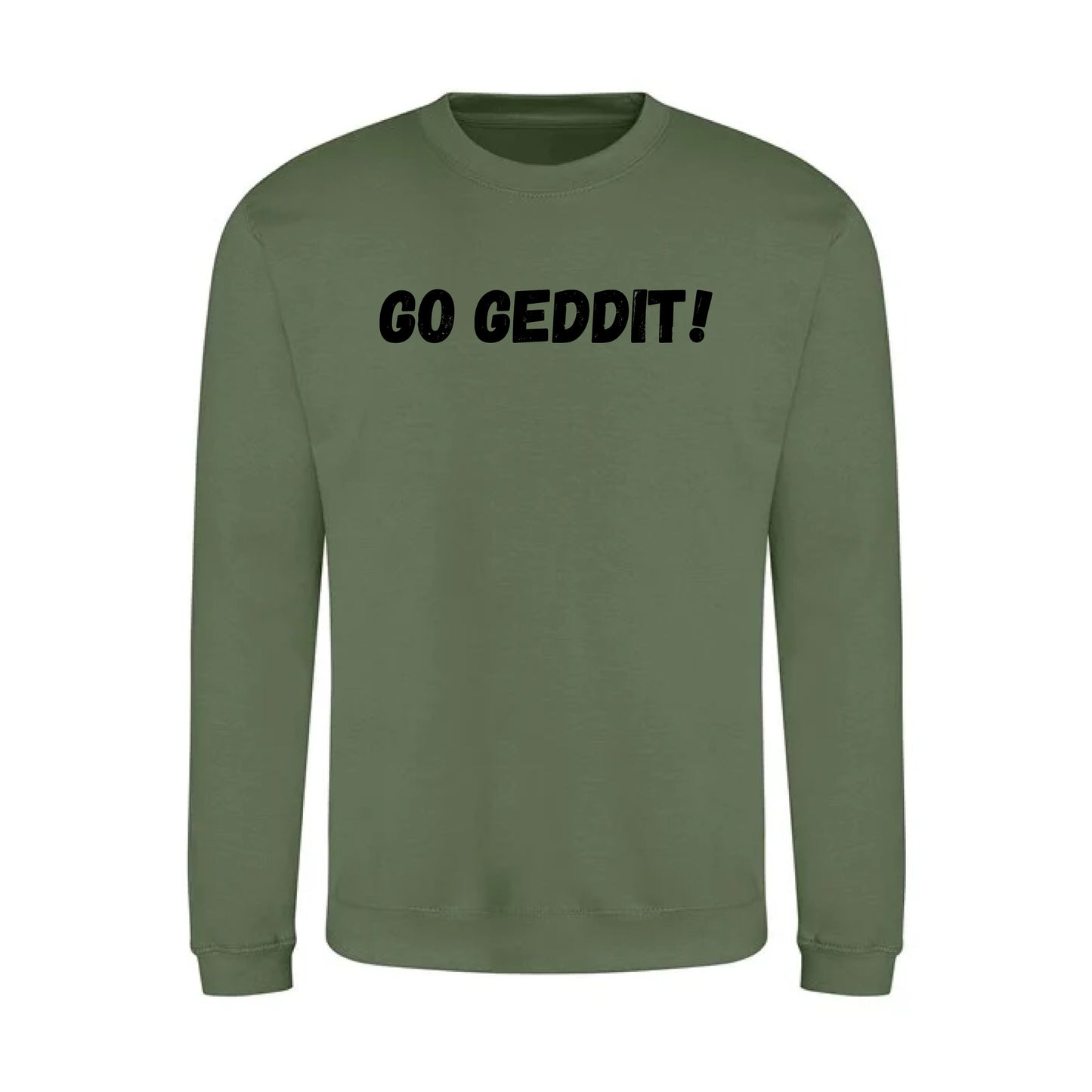 IBH Sweatshirt - Black Print (£41.40 inc VAT) in GO GEDDIT! Earthy Green by printlab.clothing — Custom branded clothing by Print Press, featuring premium embroidery produced in our specialist print lab in the UK.