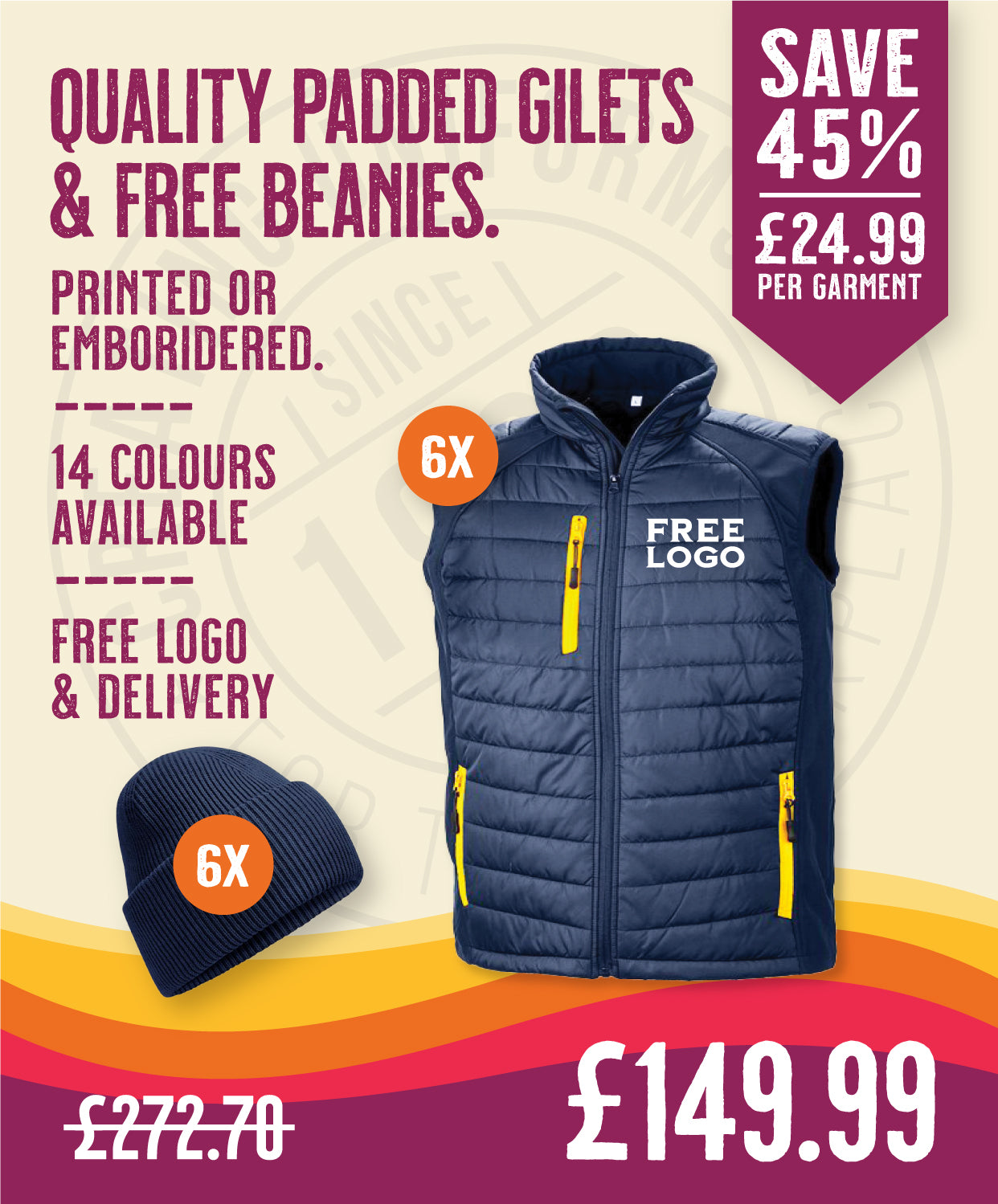 Quality Padded Gilets & Free Beanies in by Print Lab Deals — Custom branded clothing by Print Press, featuring premium embroidery produced in our specialist print lab in the UK.