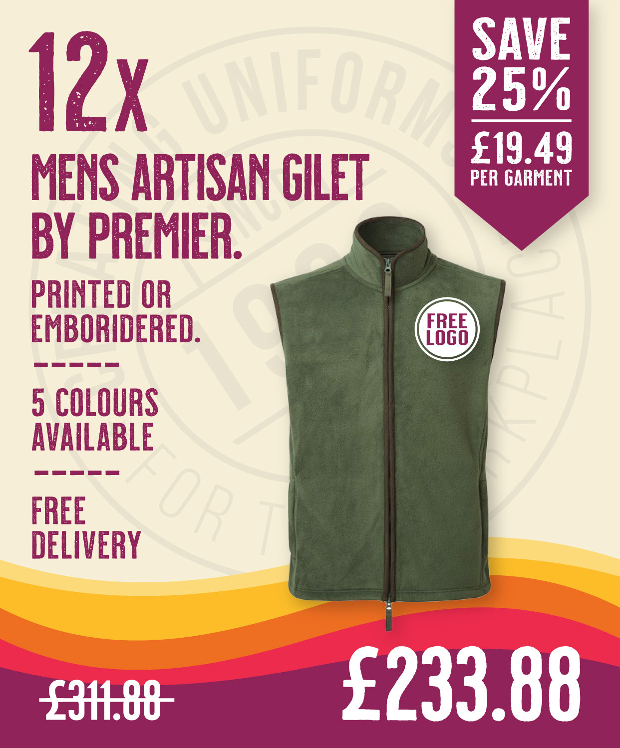 12 x Mens Artisan Gilets by Premier in Moss Green Brown by Print Lab Deals — Custom branded clothing by Print Press, featuring premium embroidery produced in our specialist print lab in the UK.