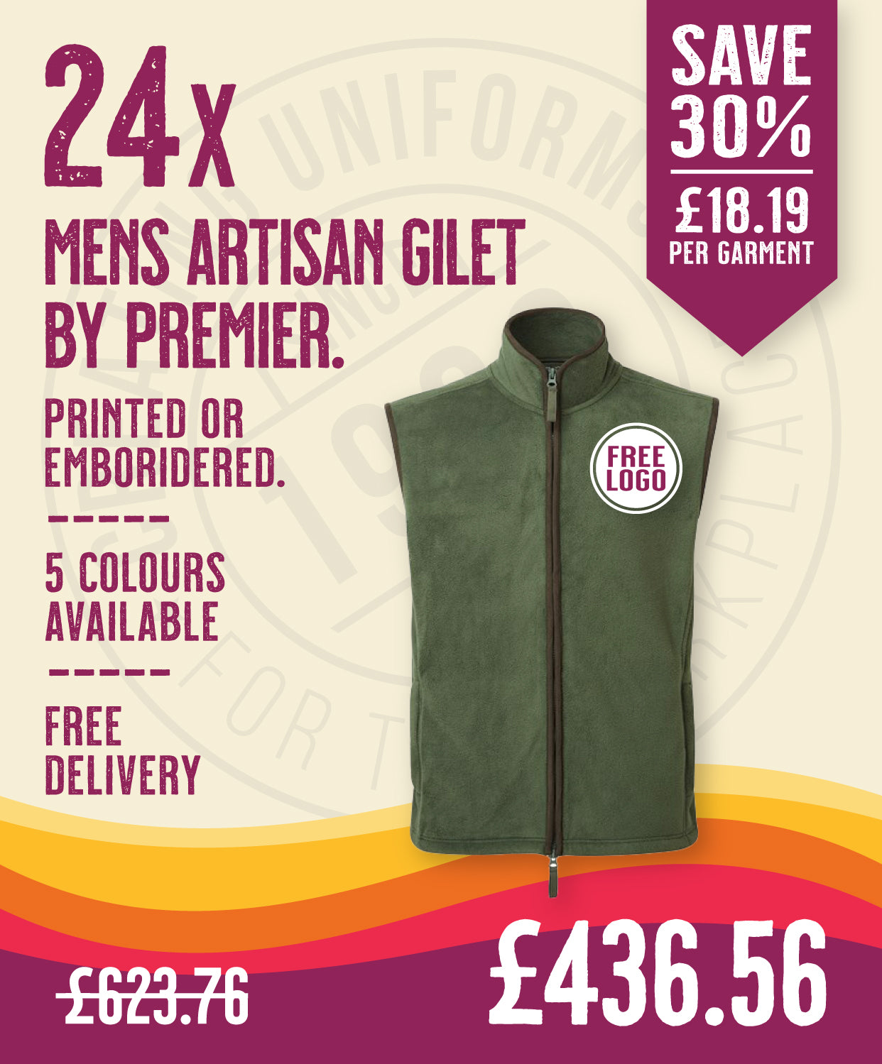 24 x Mens Artisan Gilets by Premier in Moss Green Brown by Print Lab Deals — Custom branded clothing by Print Press, featuring premium embroidery produced in our specialist print lab in the UK.