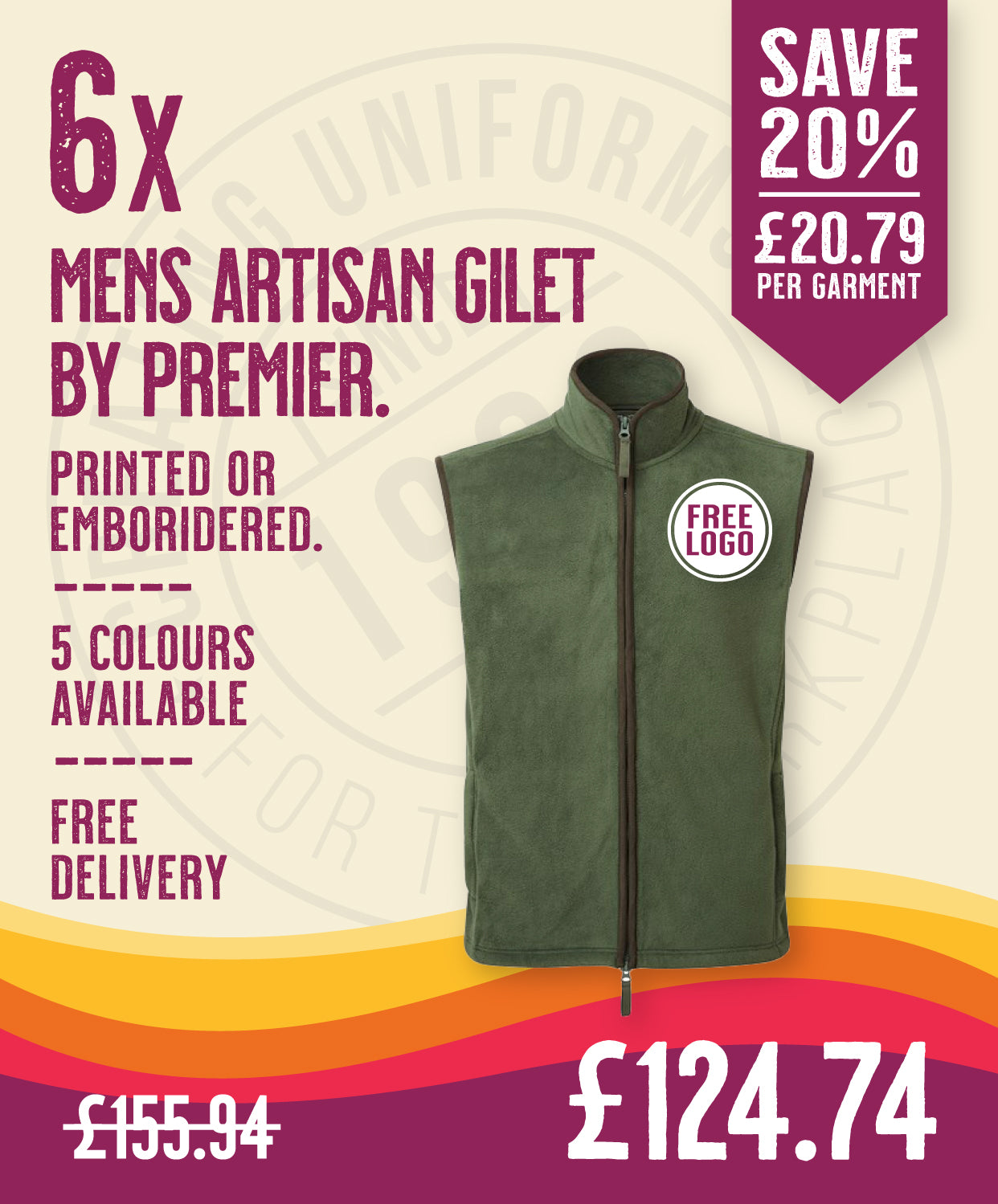 6 x Mens Artisan Gilets by Premier in Moss Green Brown by Print Lab Deals — Custom branded clothing by Print Press, featuring premium embroidery produced in our specialist print lab in the UK.