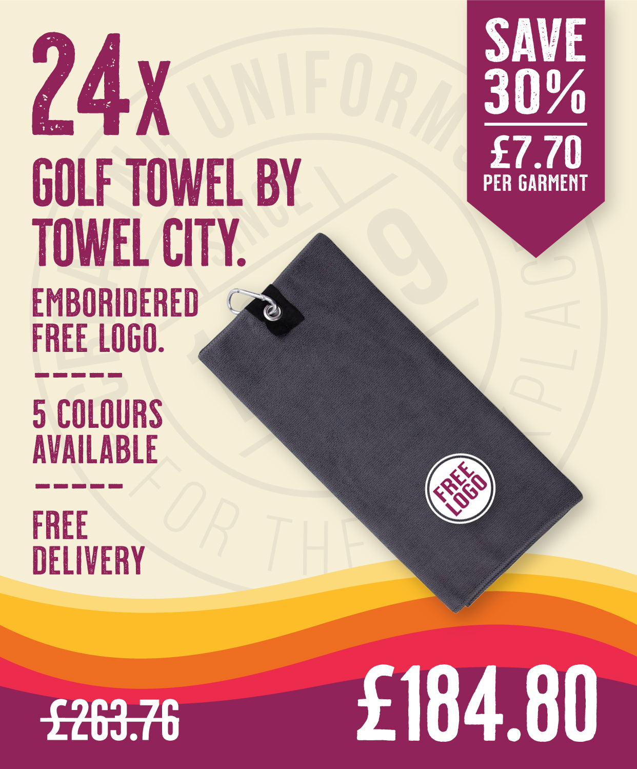 24 x Golf Towels by Towel City in Steel Grey by Print Lab Deals — Custom branded clothing by Print Press, featuring premium embroidery produced in our specialist print lab in the UK.