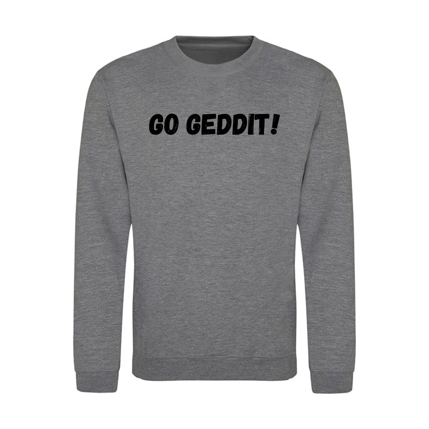 IBH Sweatshirt - Black Print (£41.40 inc VAT) in GO GEDDIT! Graphite Heather by printlab.clothing — Custom branded clothing by Print Press, featuring premium embroidery produced in our specialist print lab in the UK.