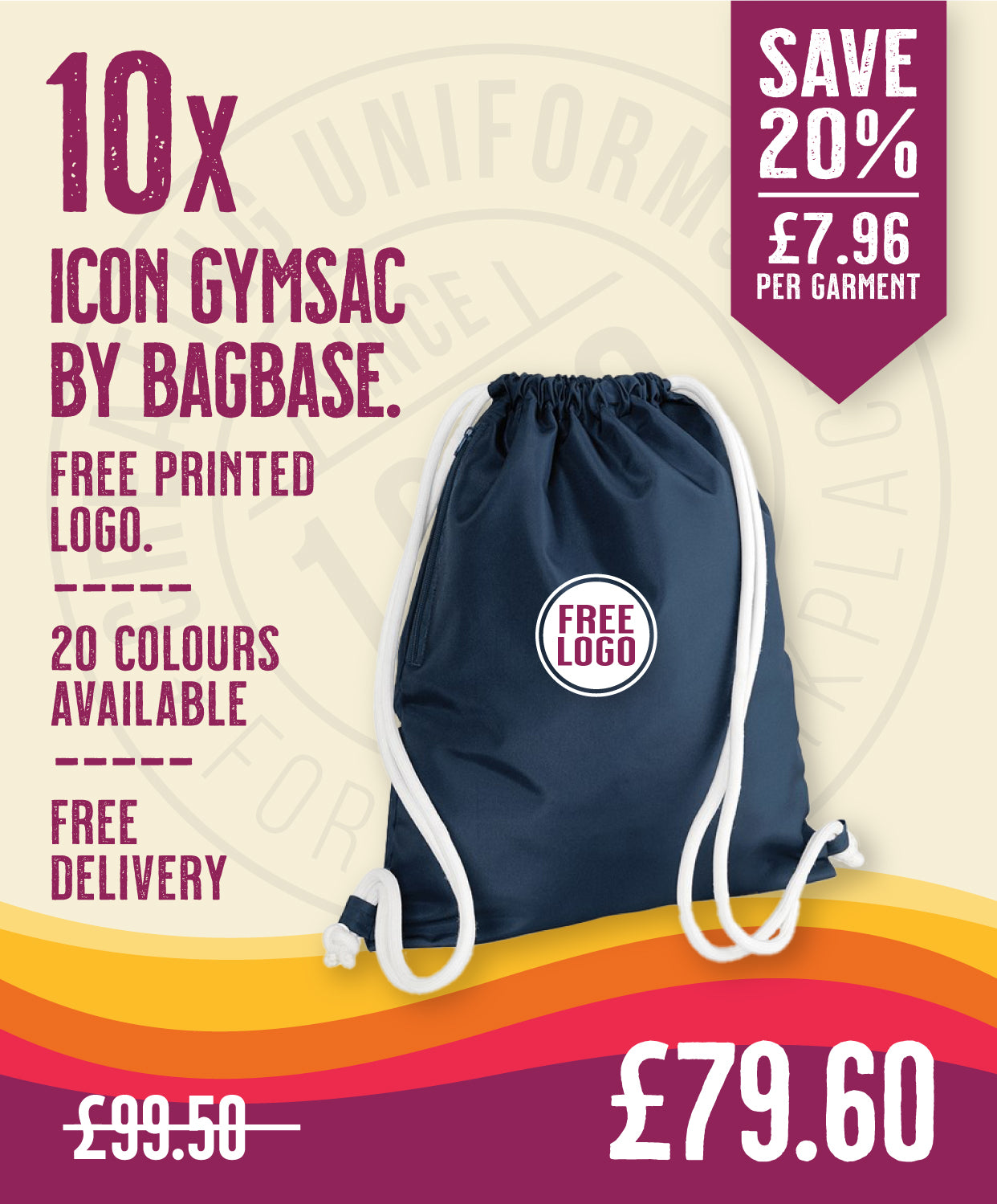10 x Icon Gymsac by Bagbase in French Navy by Print Lab Deals — Custom branded clothing by Print Press, featuring premium embroidery produced in our specialist print lab in the UK.