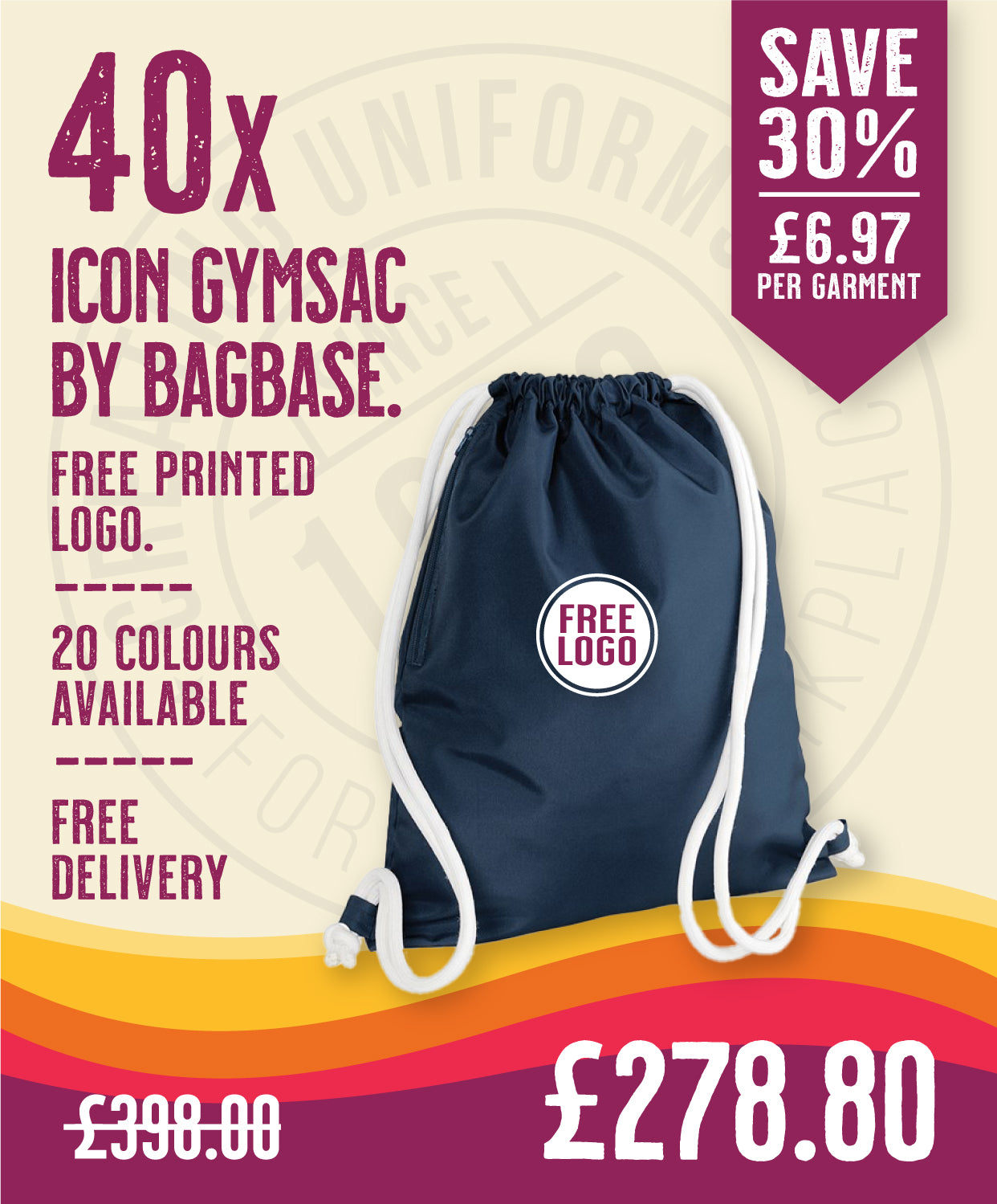 40 x Icon Gymsac by Bagbase in French Navy by Print Lab Deals — Custom branded clothing by Print Press, featuring premium embroidery produced in our specialist print lab in the UK.