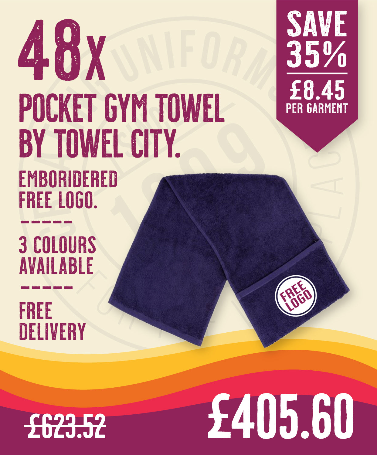 48 x Gym Pocket Towels by Towel City in Navy by Print Lab Deals — Custom branded clothing by Print Press, featuring premium embroidery produced in our specialist print lab in the UK.