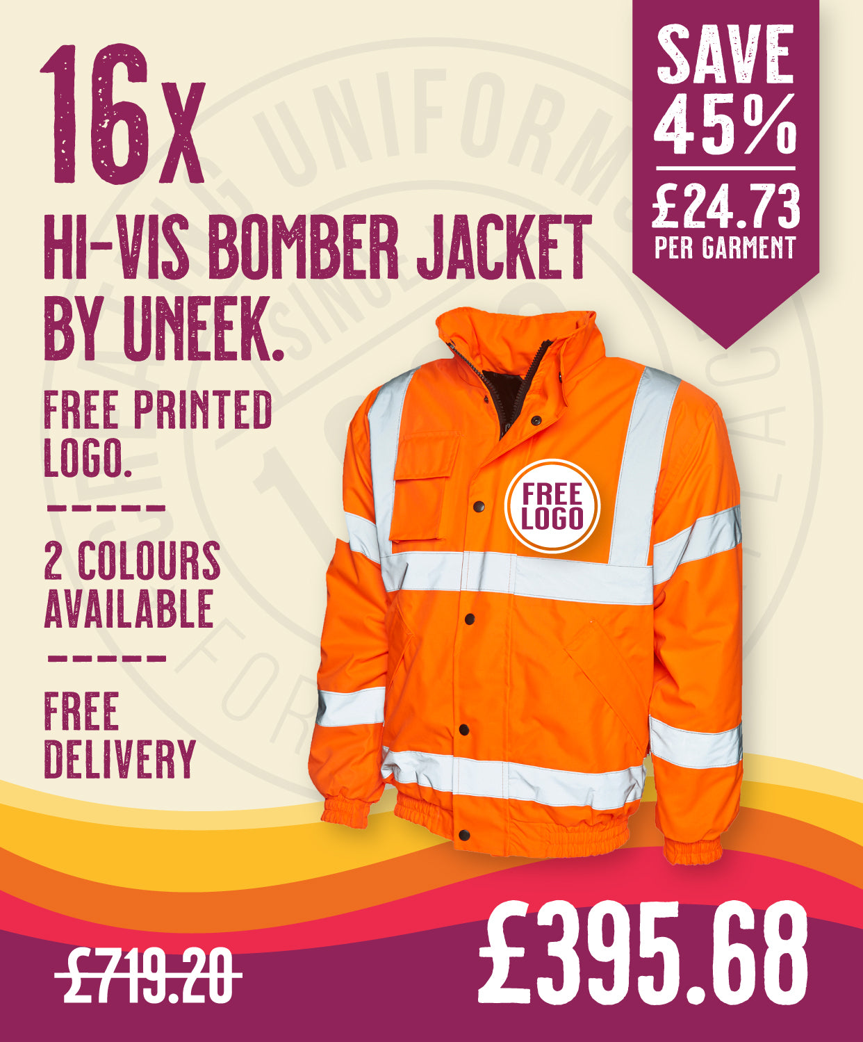 16 x Hi-Vis Bomber Jacket by Uneek in Hi-Vis Orange by Print Lab Deals — Custom branded clothing by Print Press, featuring premium embroidery produced in our specialist print lab in the UK.
