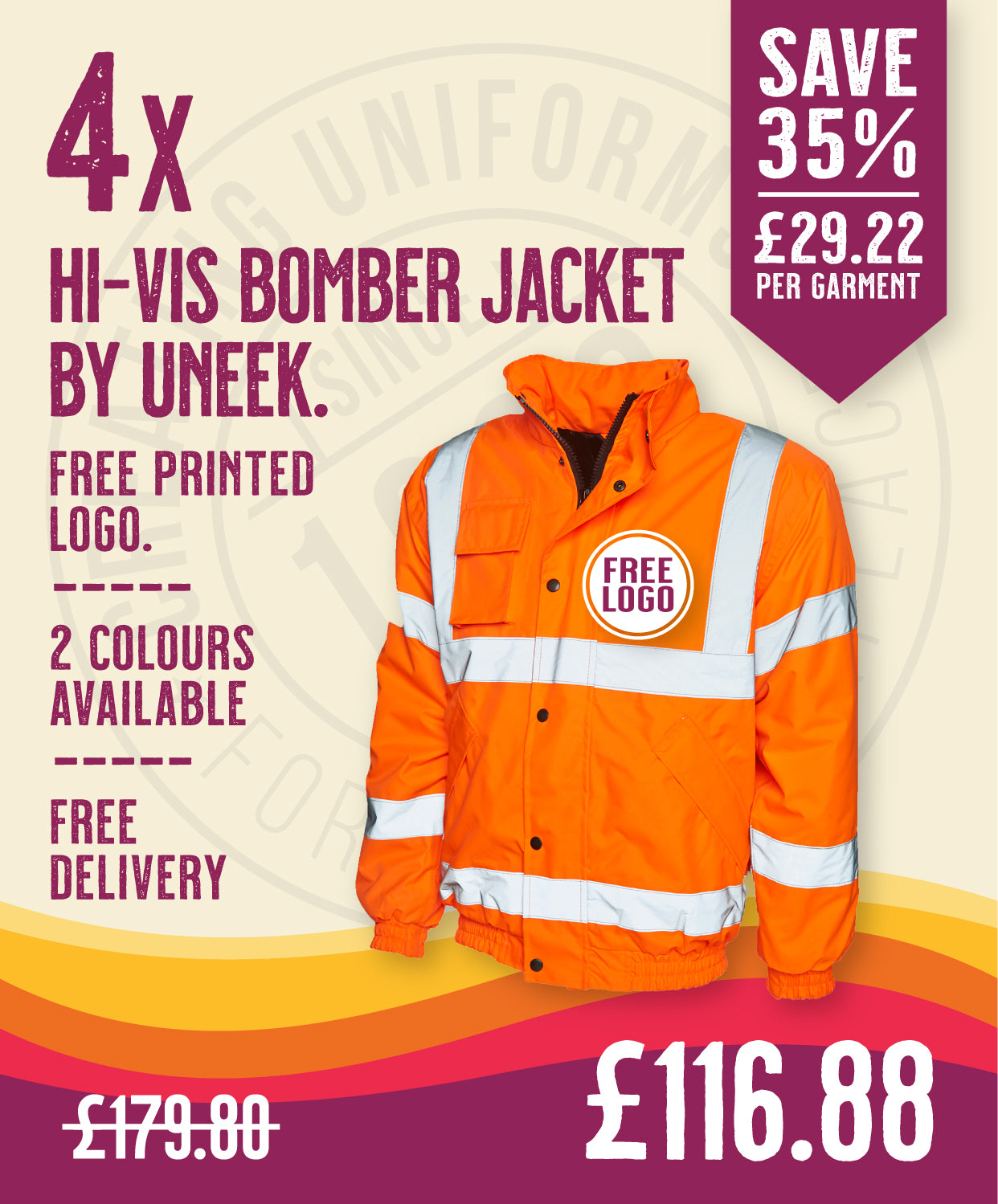 4 x Hi-Vis Bomber Jacket by Uneek in Hi-Vis Orange by Print Lab Deals — Custom branded clothing by Print Press, featuring premium embroidery produced in our specialist print lab in the UK.