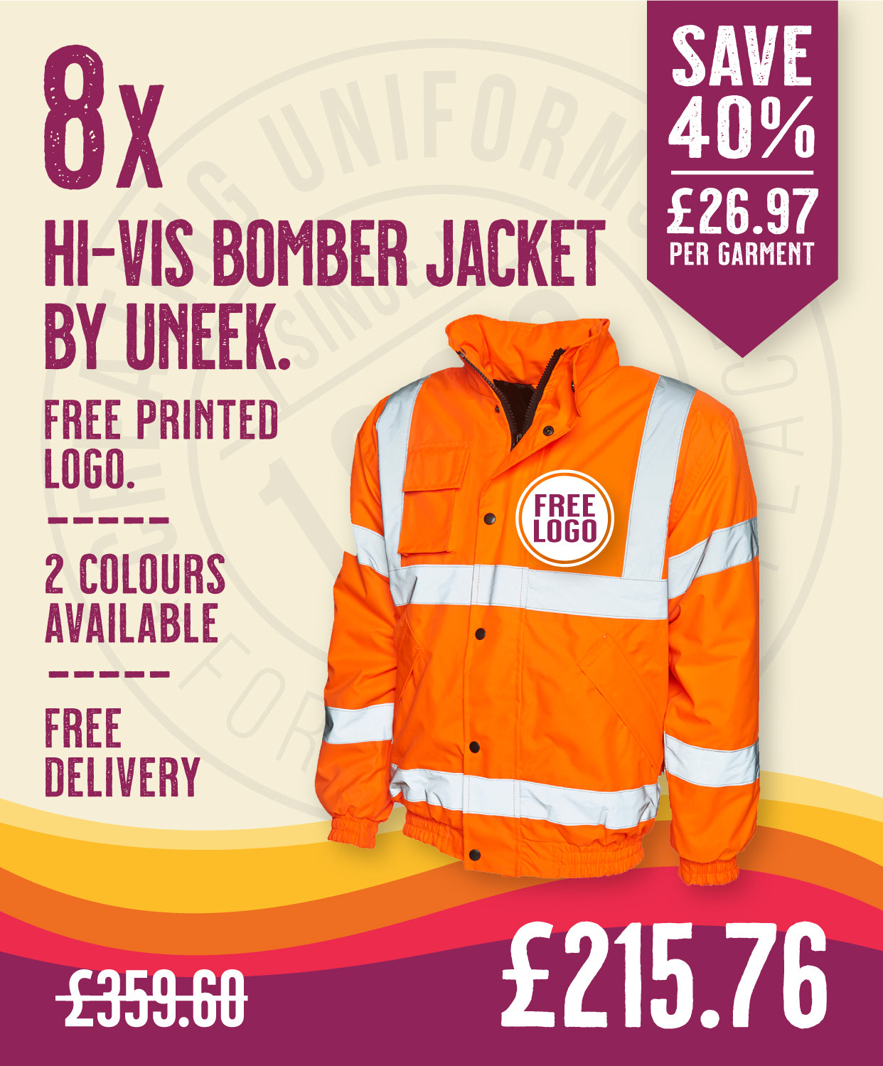 8 x Hi-Vis Bomber Jacket by Uneek in Hi-Vis Orange by Print Lab Deals — Custom branded clothing by Print Press, featuring premium embroidery produced in our specialist print lab in the UK.