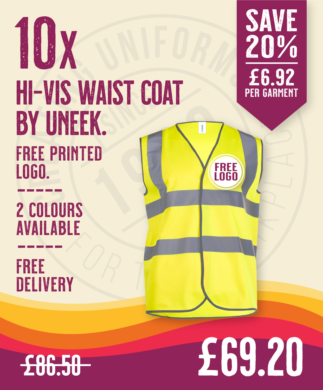 10 x Hi-Vis Waistcoat By Uneek in Hi-Vis Yellow by Print Lab Deals — Custom branded clothing by Print Press, featuring premium embroidery produced in our specialist print lab in the UK.