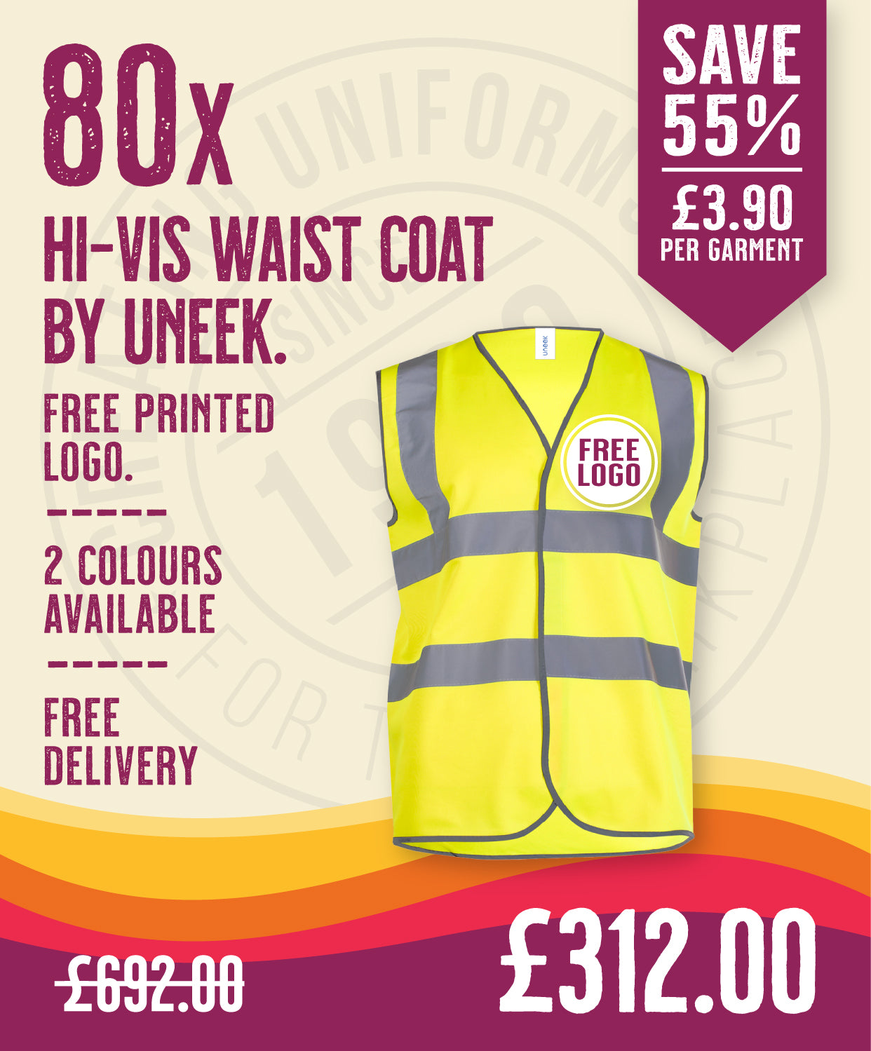 80 x Hi-Vis Waistcoat By Uneek in Hi-Vis Yellow by Print Lab Deals — Custom branded clothing by Print Press, featuring premium embroidery produced in our specialist print lab in the UK.
