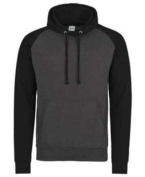 48 x Baseball Hoodies by Just Hoods in Charcoal Jet Black by Print Lab Deals — Custom branded clothing by Print Press, featuring premium embroidery produced in our specialist print lab in the UK.