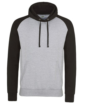 6 x Baseball Hoodies by Just Hoods in Heather Grey Jet Black by Print Lab Deals — Custom branded clothing by Print Press, featuring premium embroidery produced in our specialist print lab in the UK.