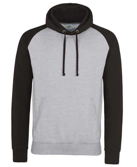 12 x Baseball Hoodies by Just Hoods in Heather Grey Jet Black by Print Lab Deals — Custom branded clothing by Print Press, featuring premium embroidery produced in our specialist print lab in the UK.