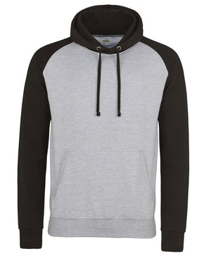 48 x Baseball Hoodies by Just Hoods in Heather Grey Jet Black by Print Lab Deals — Custom branded clothing by Print Press, featuring premium embroidery produced in our specialist print lab in the UK.