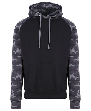 6 x Baseball Hoodies by Just Hoods in Solid Black Black Camo by Print Lab Deals — Custom branded clothing by Print Press, featuring premium embroidery produced in our specialist print lab in the UK.
