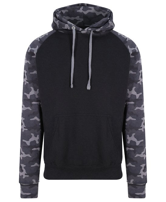 6 x Baseball Hoodies by Just Hoods in Solid Black Black Camo by Print Lab Deals — Custom branded clothing by Print Press, featuring premium embroidery produced in our specialist print lab in the UK.