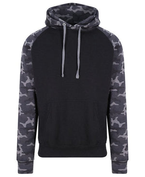 48 x Baseball Hoodies by Just Hoods in Solid Black Black Camo by Print Lab Deals — Custom branded clothing by Print Press, featuring premium embroidery produced in our specialist print lab in the UK.