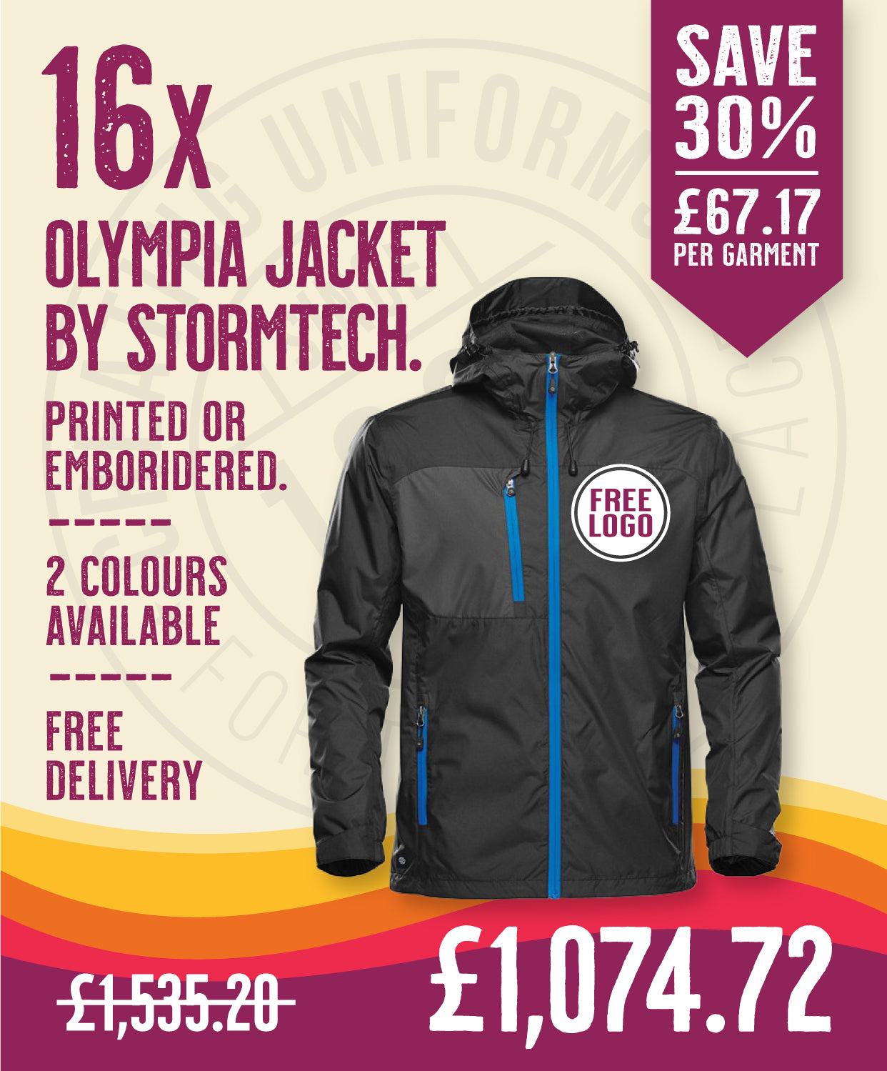 16 x Olympia Jackets by Stormtech in Black Azure Blue by Print Lab Deals — Custom branded clothing by Print Press, featuring premium embroidery produced in our specialist print lab in the UK.