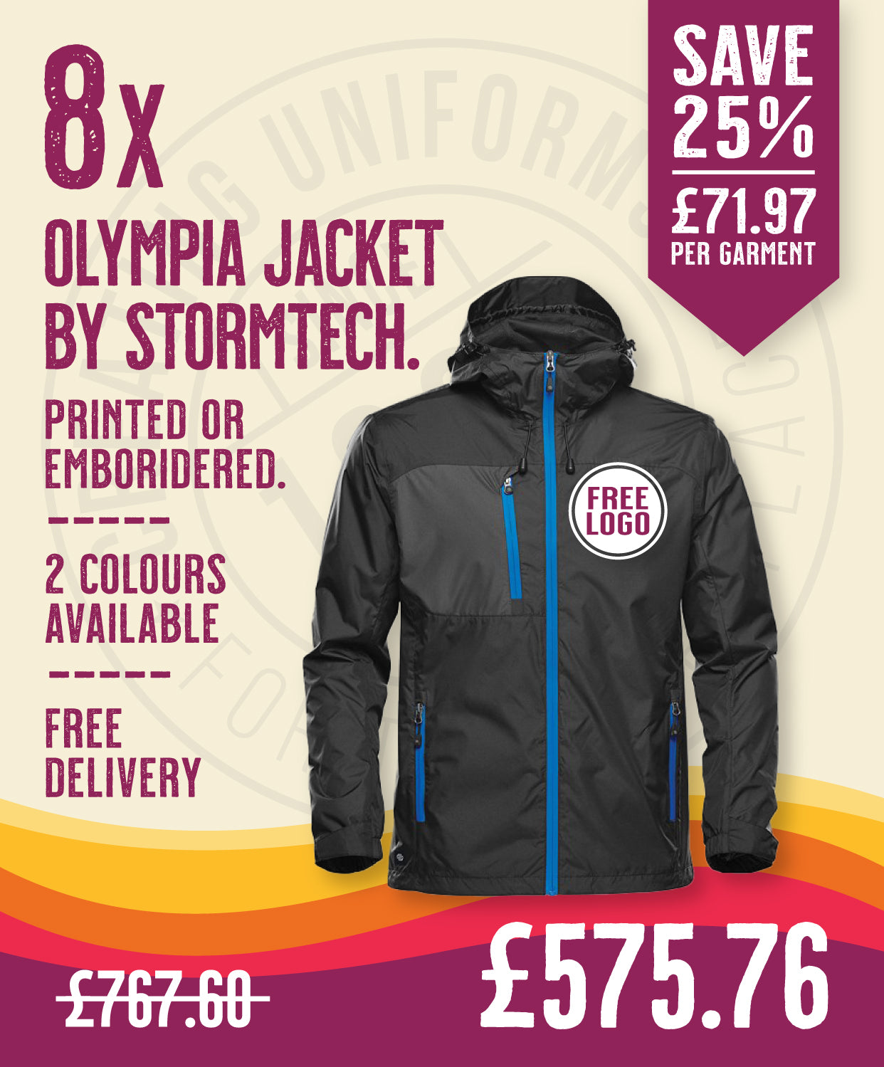 8 x Olympia Jackets by Stormtech in Black Azure Blue by Print Lab Deals — Custom branded clothing by Print Press, featuring premium embroidery produced in our specialist print lab in the UK.