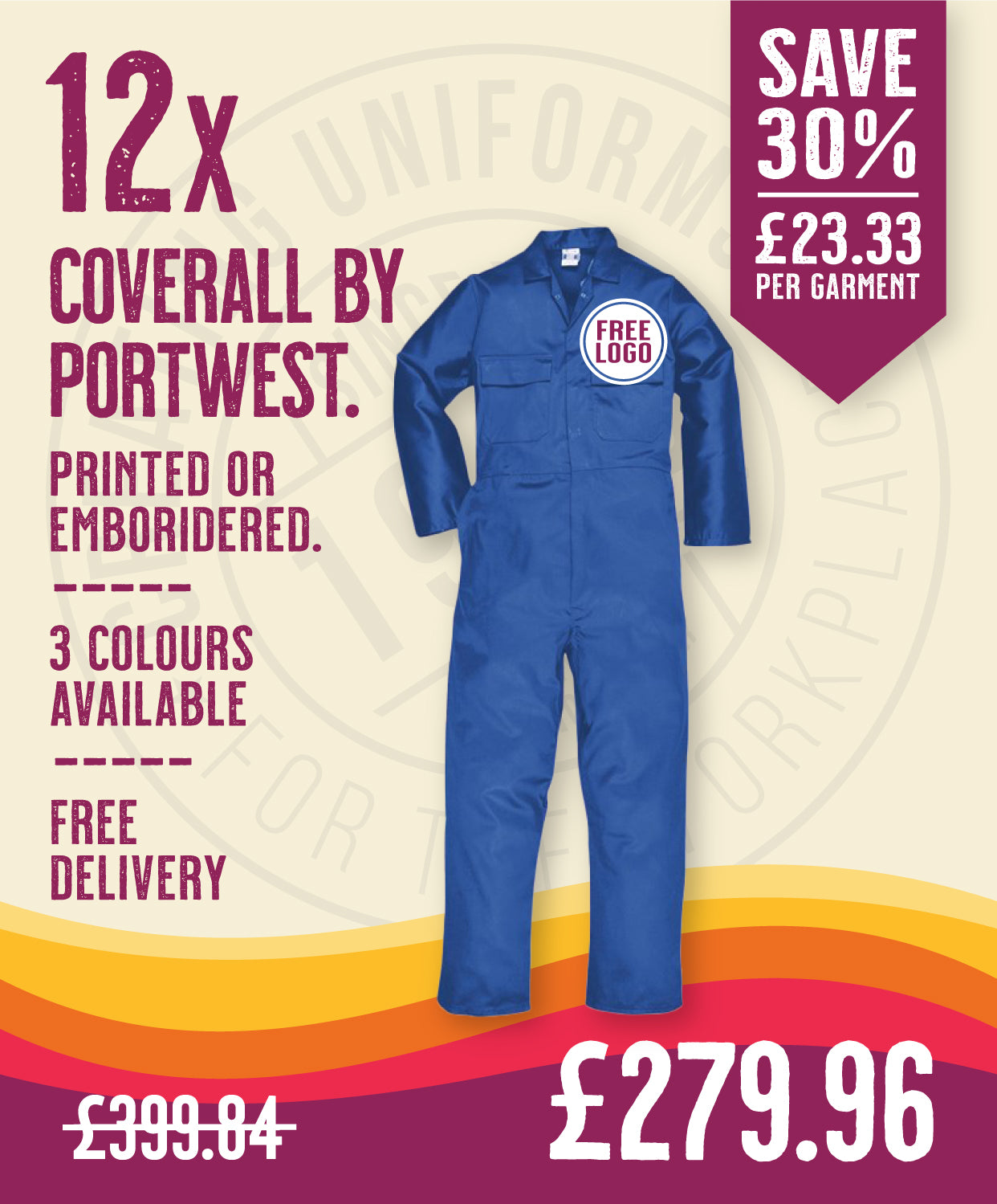 12 x Coveralls by Portwest in Royal by Print Lab Deals — Custom branded clothing by Print Press, featuring premium embroidery produced in our specialist print lab in the UK.