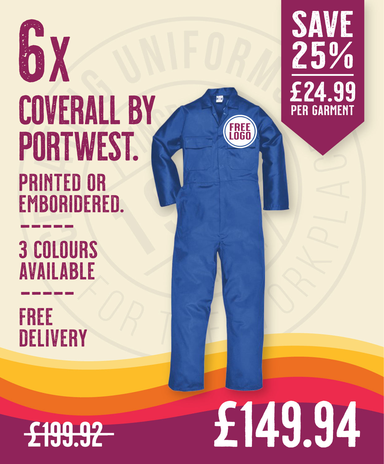 6 x Coveralls by Portwest in Royal by Print Lab Deals — Custom branded clothing by Print Press, featuring premium embroidery produced in our specialist print lab in the UK.