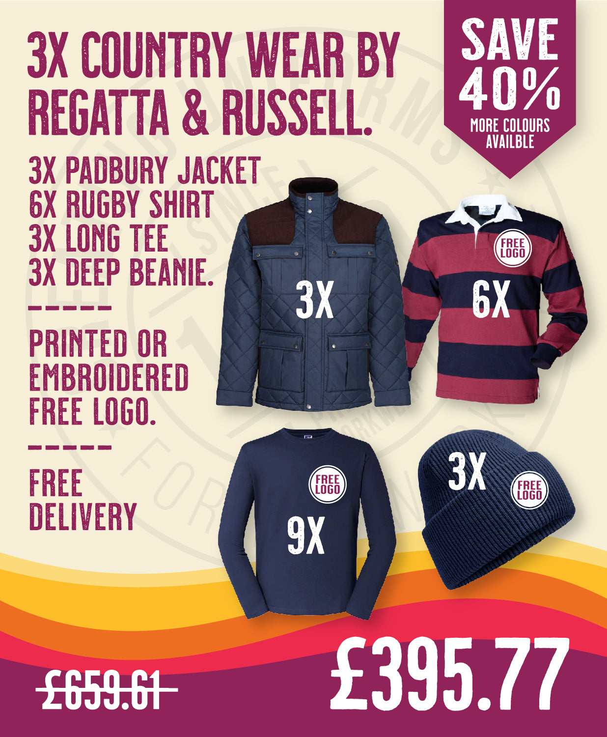 3x Country Wear by Regatta & Russell in by Print Lab Deals — Custom branded clothing by Print Press, featuring premium embroidery produced in our specialist print lab in the UK.