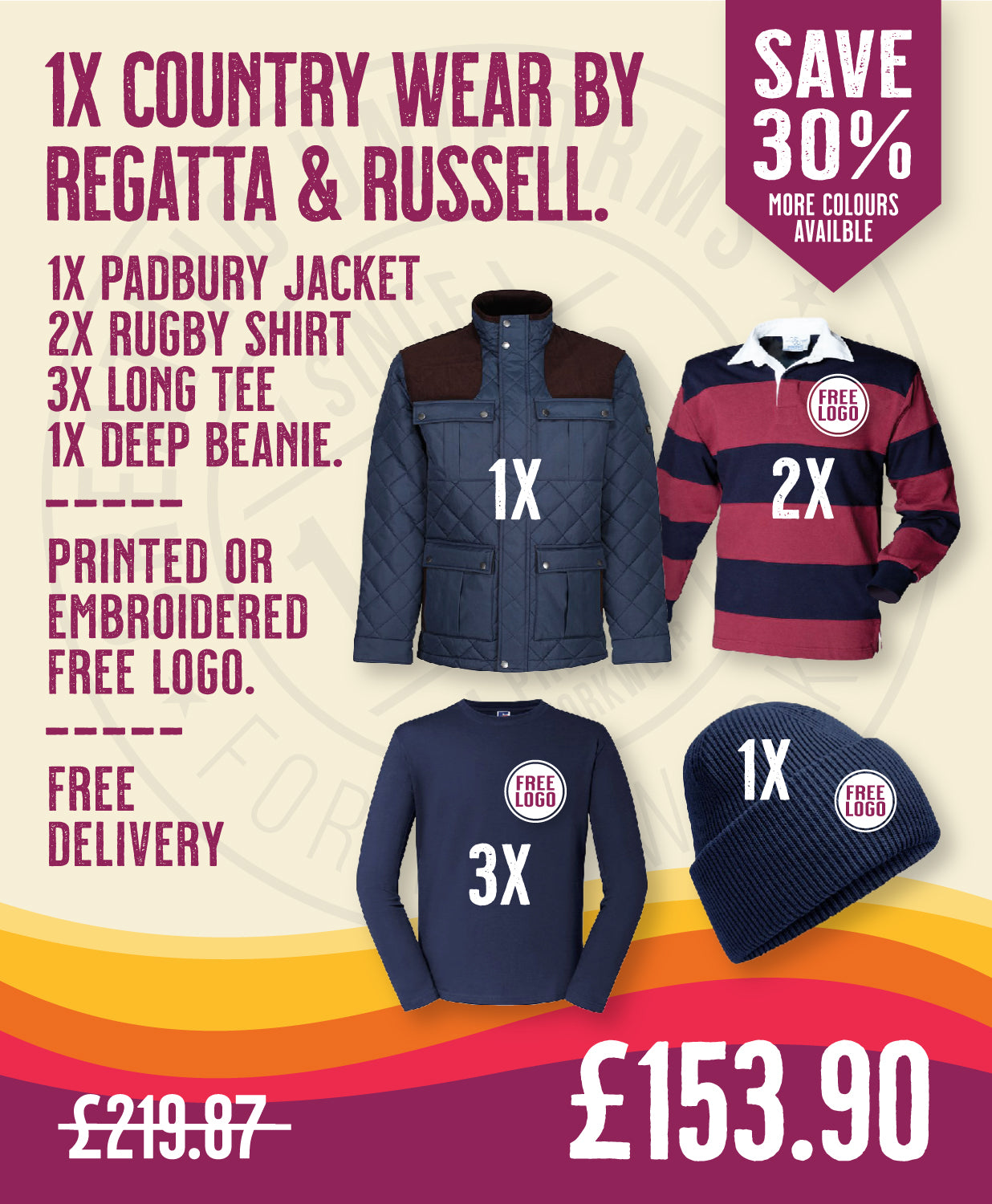 1x Country Wear by Regatta & Russell in by Print Lab Deals — Custom branded clothing by Print Press, featuring premium embroidery produced in our specialist print lab in the UK.