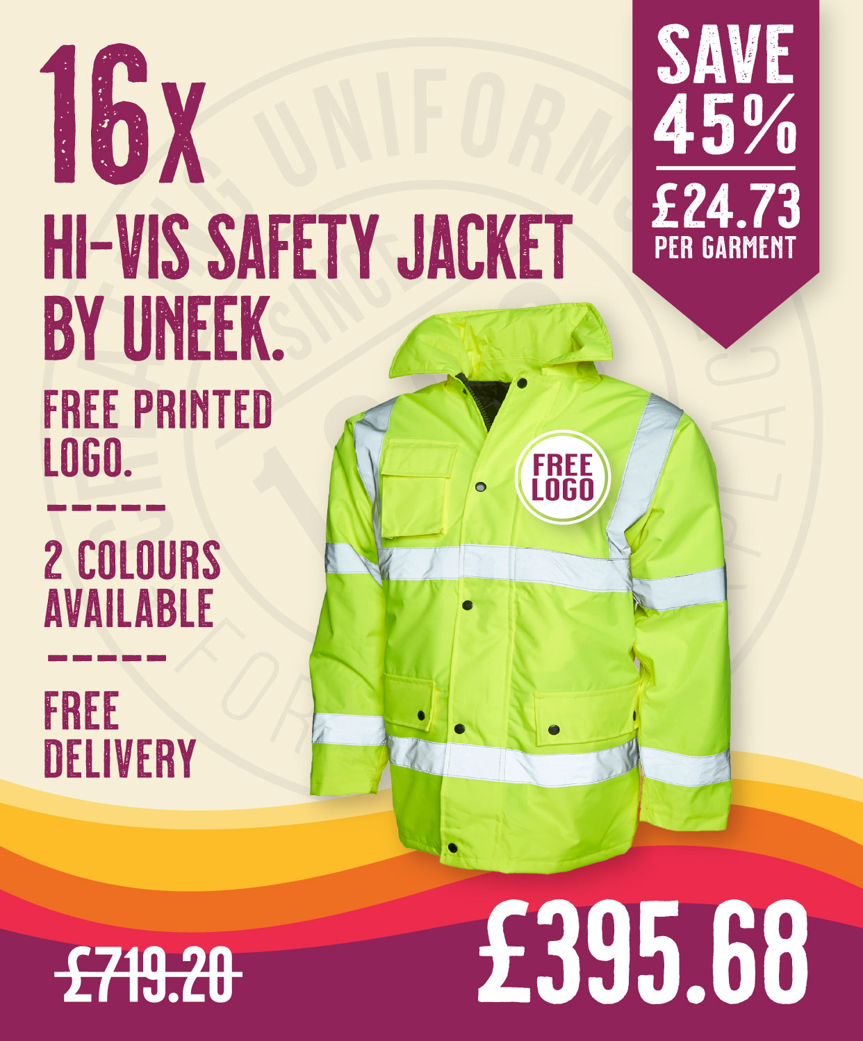 16 x Hi-Vis Safety Jackets By Uneek in Hi-Vis Yellow by Print Lab Deals — Custom branded clothing by Print Press, featuring premium embroidery produced in our specialist print lab in the UK.