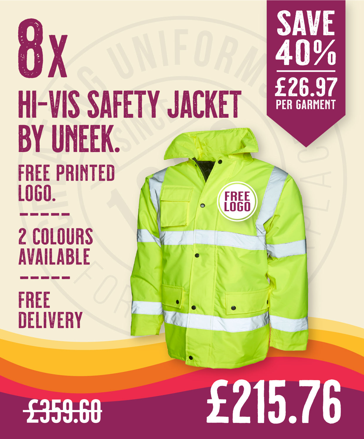 8 x Hi-Vis Safety Jackets By Uneek in Hi-Vis Yellow by Print Lab Deals — Custom branded clothing by Print Press, featuring premium embroidery produced in our specialist print lab in the UK.