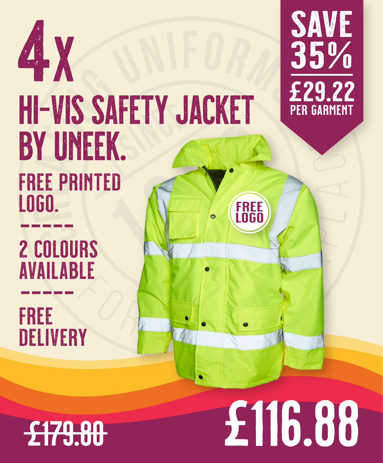 4 x Hi-Vis Safety Jackets By Uneek in Hi-Vis Yellow by Print Lab Deals — Custom branded clothing by Print Press, featuring premium embroidery produced in our specialist print lab in the UK.