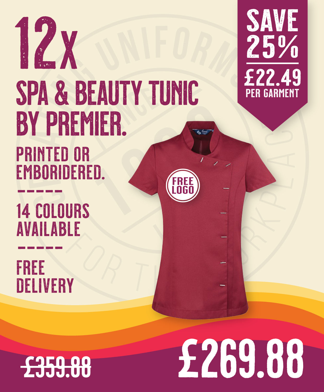 12 x Spa & Beauty Tunic By Premier in Burgundy by Print Lab Deals — Custom branded clothing by Print Press, featuring premium embroidery produced in our specialist print lab in the UK.