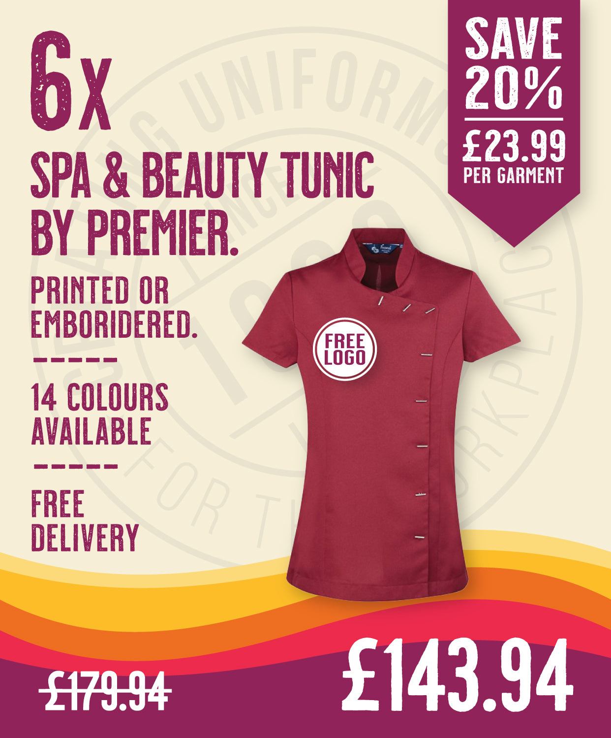 6 x Spa & Beauty Tunic By Premier in Burgundy by Print Lab Deals — Custom branded clothing by Print Press, featuring premium embroidery produced in our specialist print lab in the UK.