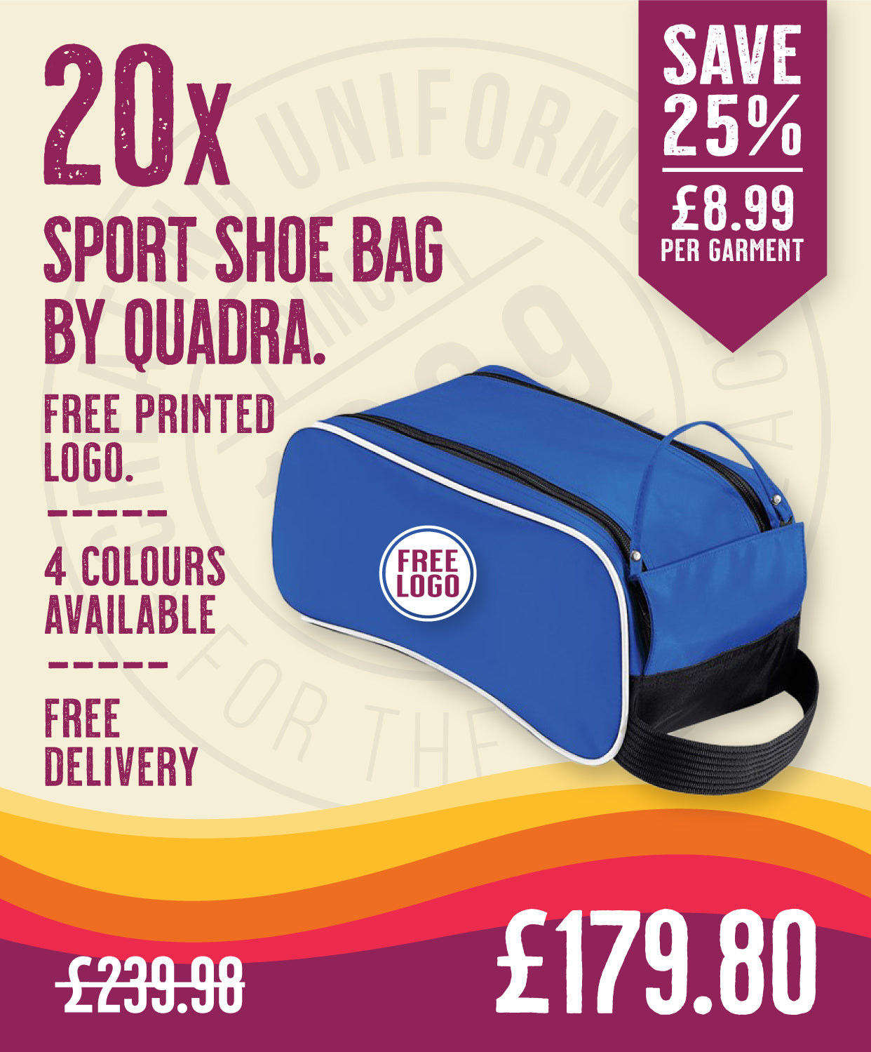 20 x Sports Shoe Bag by Quadra in Bright Royal Black White by Print Lab Deals — Custom branded clothing by Print Press, featuring premium embroidery produced in our specialist print lab in the UK.