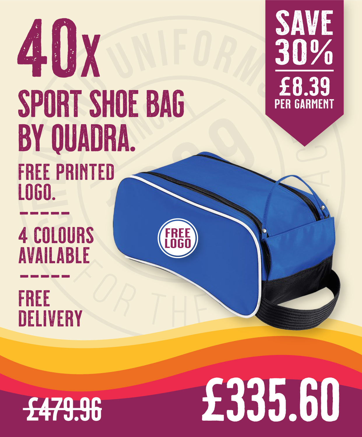 40 x Sports Shoe Bag by Quadra in Bright Royal Black White by Print Lab Deals — Custom branded clothing by Print Press, featuring premium embroidery produced in our specialist print lab in the UK.