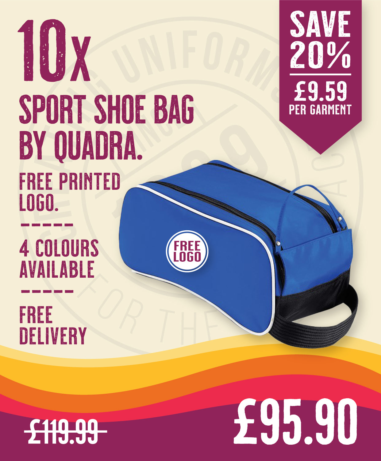 10 x Sports Shoe Bag by Quadra in Bright Royal Black White by Print Lab Deals — Custom branded clothing by Print Press, featuring premium embroidery produced in our specialist print lab in the UK.
