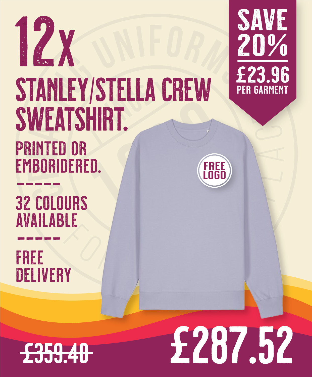 12 x Stanley/Stella Crew Sweatshirts in Lavender by Print Lab Deals — Custom branded clothing by Print Press, featuring premium embroidery produced in our specialist print lab in the UK.