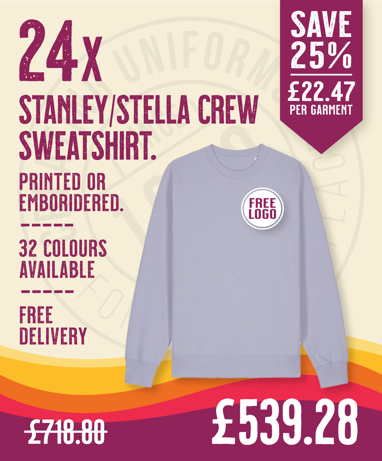 24 x Stanley/Stella Crew Sweatshirts in Lavender by Print Lab Deals — Custom branded clothing by Print Press, featuring premium embroidery produced in our specialist print lab in the UK.