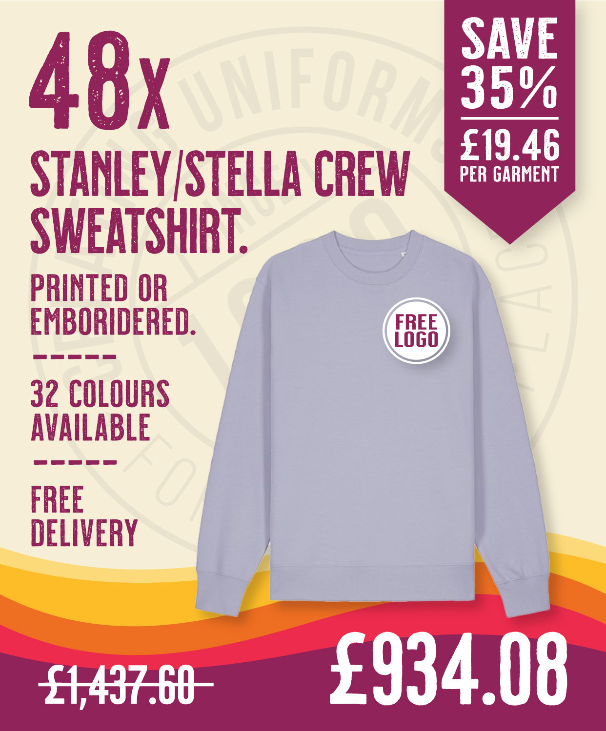 48 x Stanley/Stella Crew Sweatshirts in Lavender by Print Lab Deals — Custom branded clothing by Print Press, featuring premium embroidery produced in our specialist print lab in the UK.