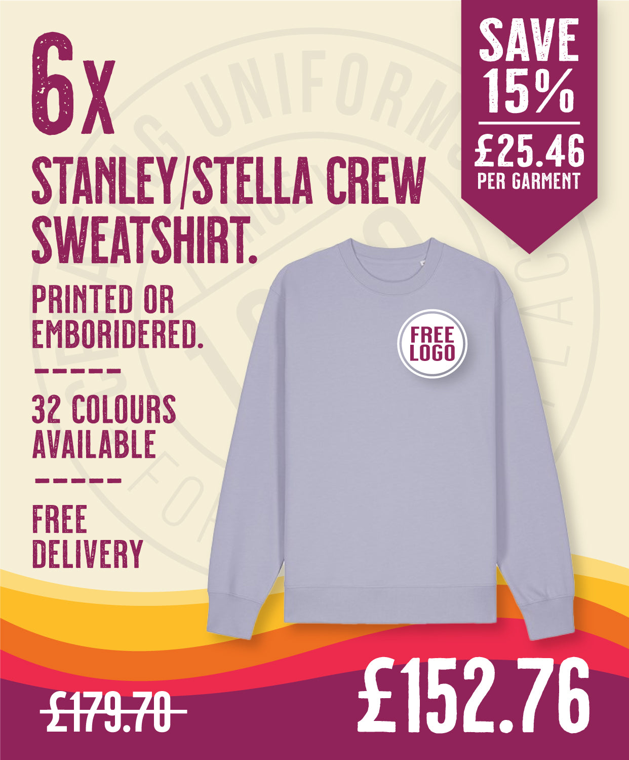 6 x Stanley/Stella Crew Sweatshirts in Lavender by Print Lab Deals — Custom branded clothing by Print Press, featuring premium embroidery produced in our specialist print lab in the UK.