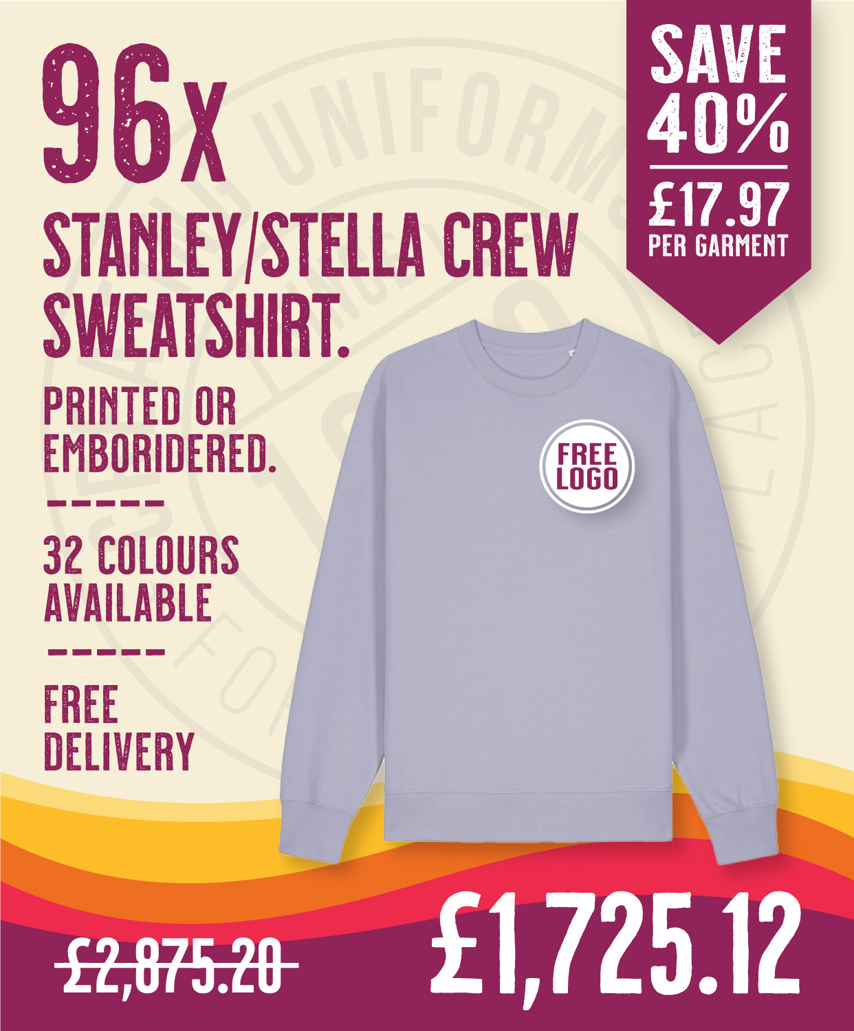 96 x Stanley/Stella Crew Sweatshirts in Lavender by Print Lab Deals — Custom branded clothing by Print Press, featuring premium embroidery produced in our specialist print lab in the UK.