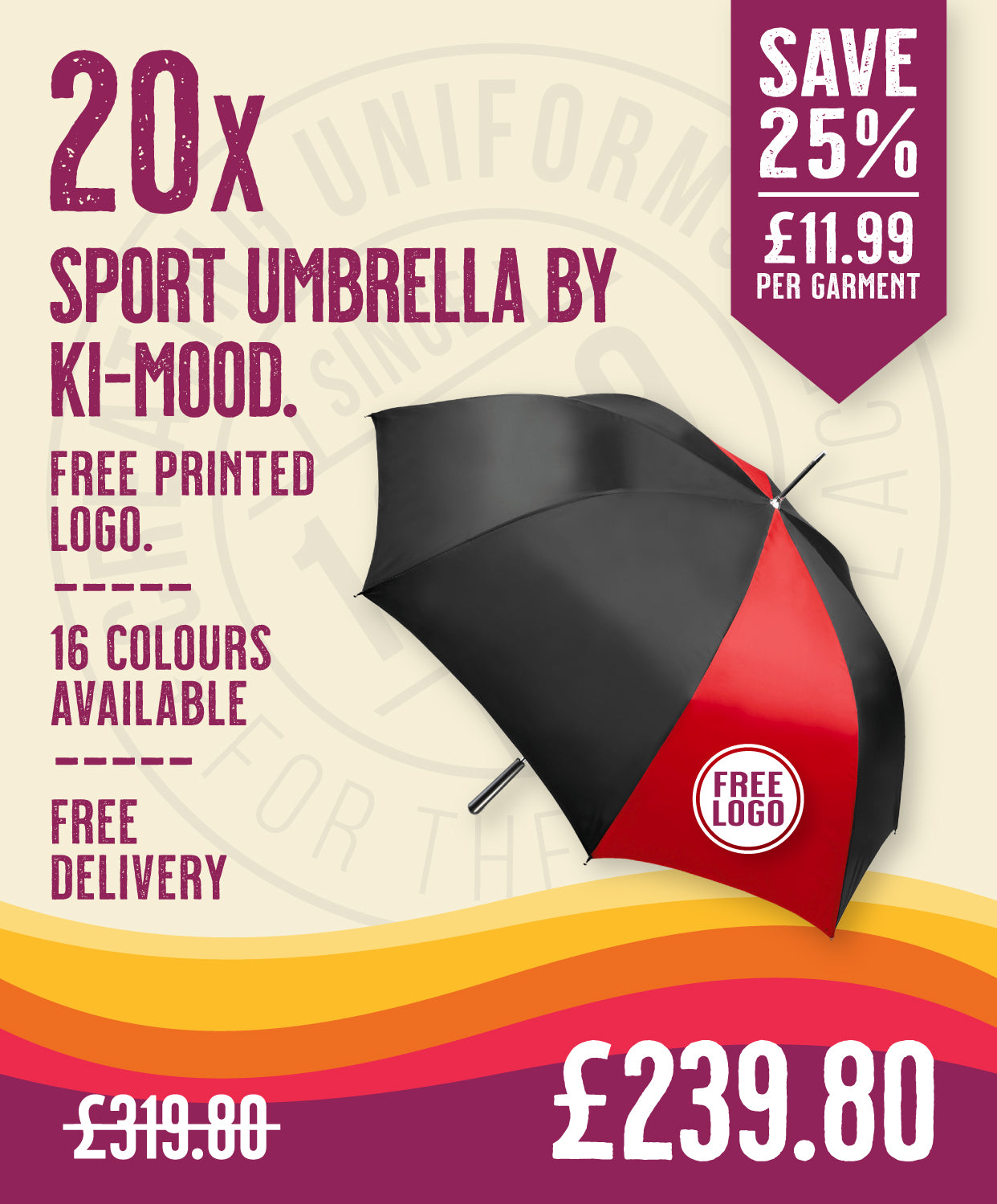 20 x Sports Umbrellas by Ki-Mood in Black Red by Print Lab Deals — Custom branded clothing by Print Press, featuring premium embroidery produced in our specialist print lab in the UK.